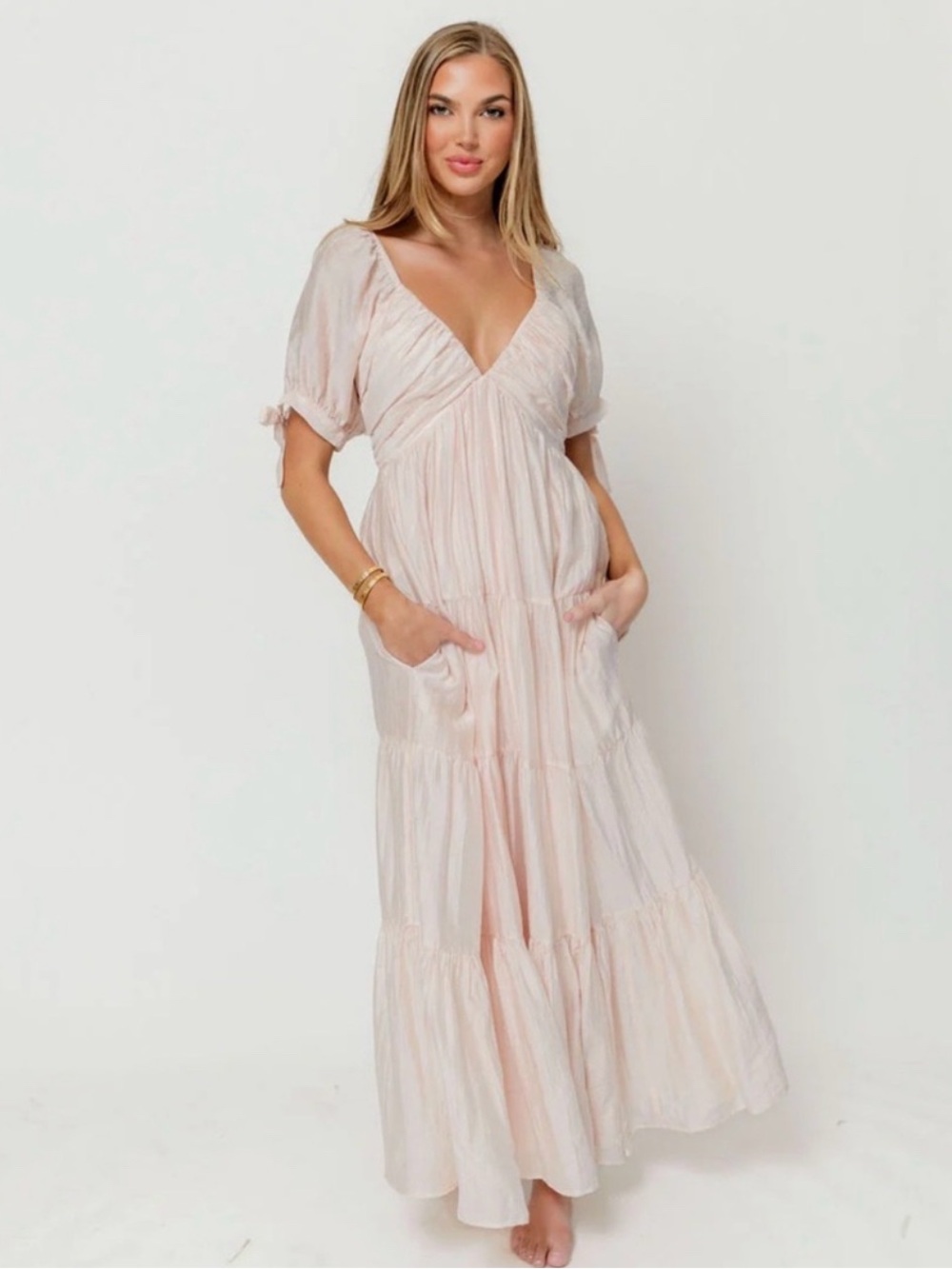 Worth Collective Grayson Maxi Dress Peach Bump Friendly Puff Sleeve Tiered NWT